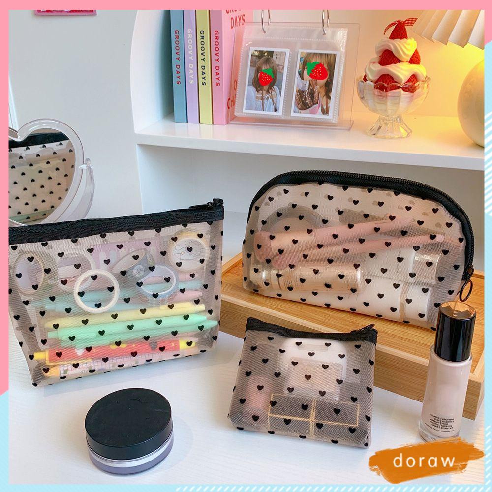 Túi Đựng Bút/Mỹ Phẩm Du Lịch Phối Lưới Màu Đen Có Khóa Kéo Dễ Thương Tiện Dụng