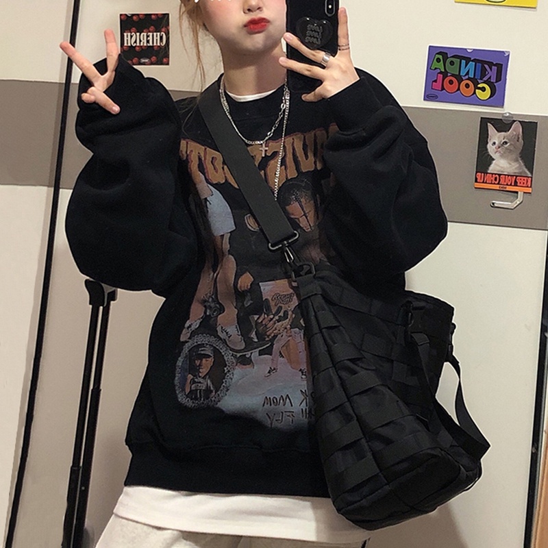 Áo sweater IELGY tay dài cổ tròn in họa tiết phong cách Châu Mỹ thời trang retro cho nữ