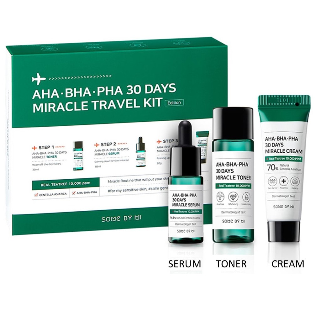 Bộ Travel Kit 3 Sản Phẩm Dưỡng Da, Ngăn Ngừa Và Làm Giảm Mụn Some By Mi AHA - BHA - PHA 30 Days Miracle Travel Kit