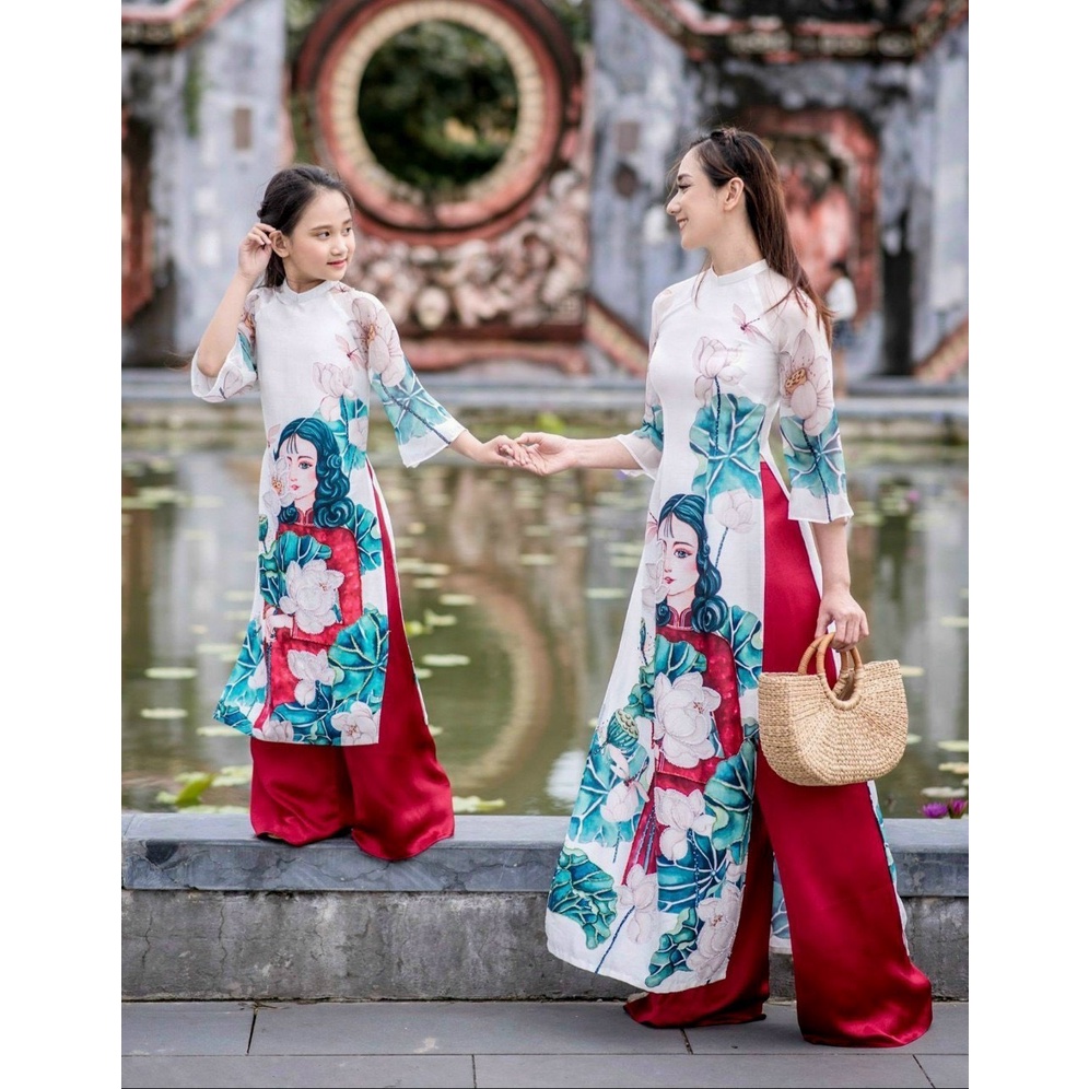 Áo Dài Truyền Thống # Bộ Áo Dài Mẹ Và Bé Mẫu Sen  # Thời Trang Gia Đình