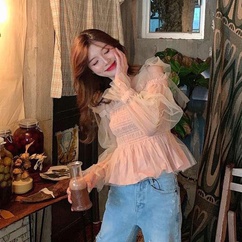 Áo kiểu nữ IELGY cổ vuông tay dài phối lưới màu trơn ngọt ngào thời trang kiểu Pháp