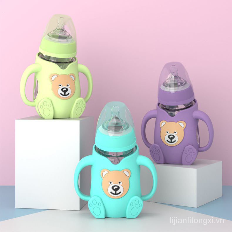 【A Bottle of Dual-Use】Cartoon Bear Glass Feeding Bottle Drop-Resistant Wide Mouth Drinking Straw Cup Newborn Baby Baby