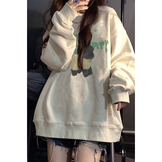 Áo sweater tay dài cổ tròn dáng rộng phong cách Hàn Quốc thời trang năng động cho nữ