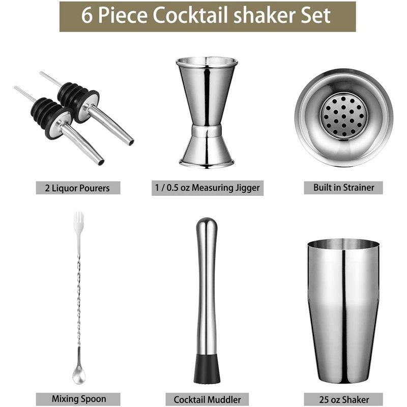 Set 6 Dụng Cụ Pha Chế Cocktail 25 Oz Bằng Thép Không Gỉ Cho Bartender