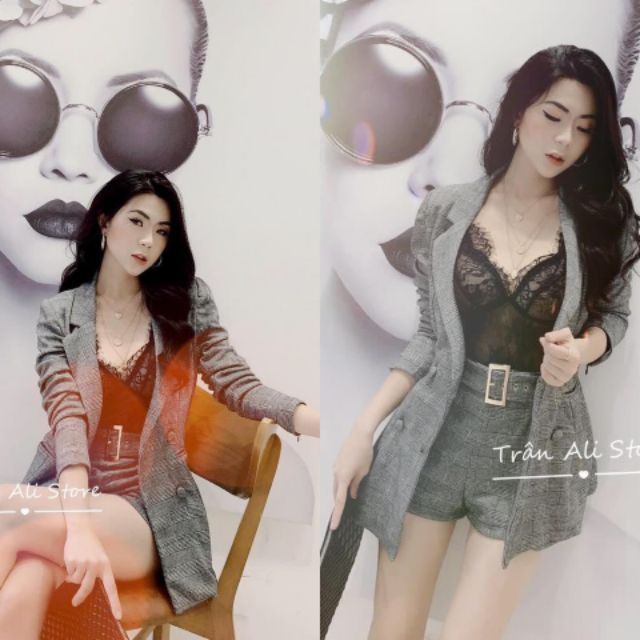 Set 4️⃣món gồm áo ren 2️⃣ dây lót bra + blazer vest cotton bố caro nút bọc + short lưng cài + belt khoen vuông