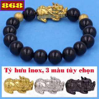 Vòng chuỗi đá đen 10 ly - charm tỳ hưu inox vttaethvhb10