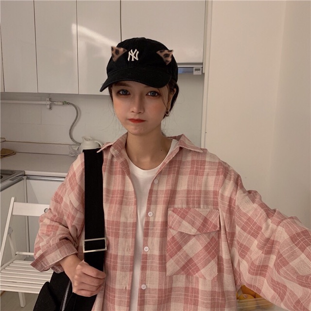 sơ mi nữ kẻ caro hồng pastel vintage đuôi tôm dài tay siêu xinh