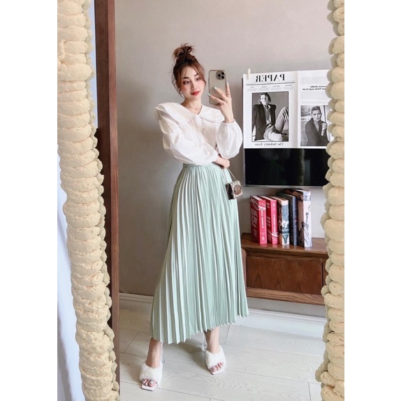 SET ÁO CỔ SEN BÈO TAY DÀI + CHÂN VÁY XẾP LY XANH MINT