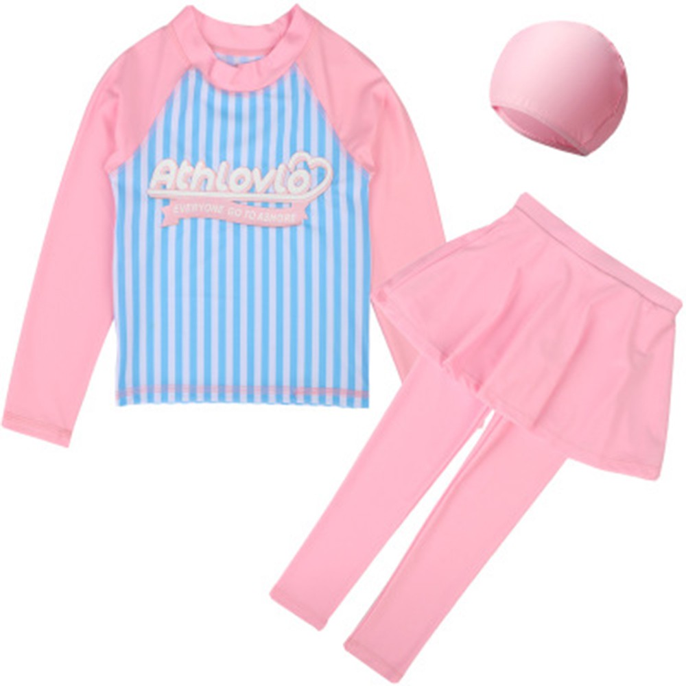 2-13Yrs Kids Blue Stripe 3PCS Set Swimwear Long Sleeve Sun Protective Clothing Baby Lovely Swimsuit + Swimming Cap