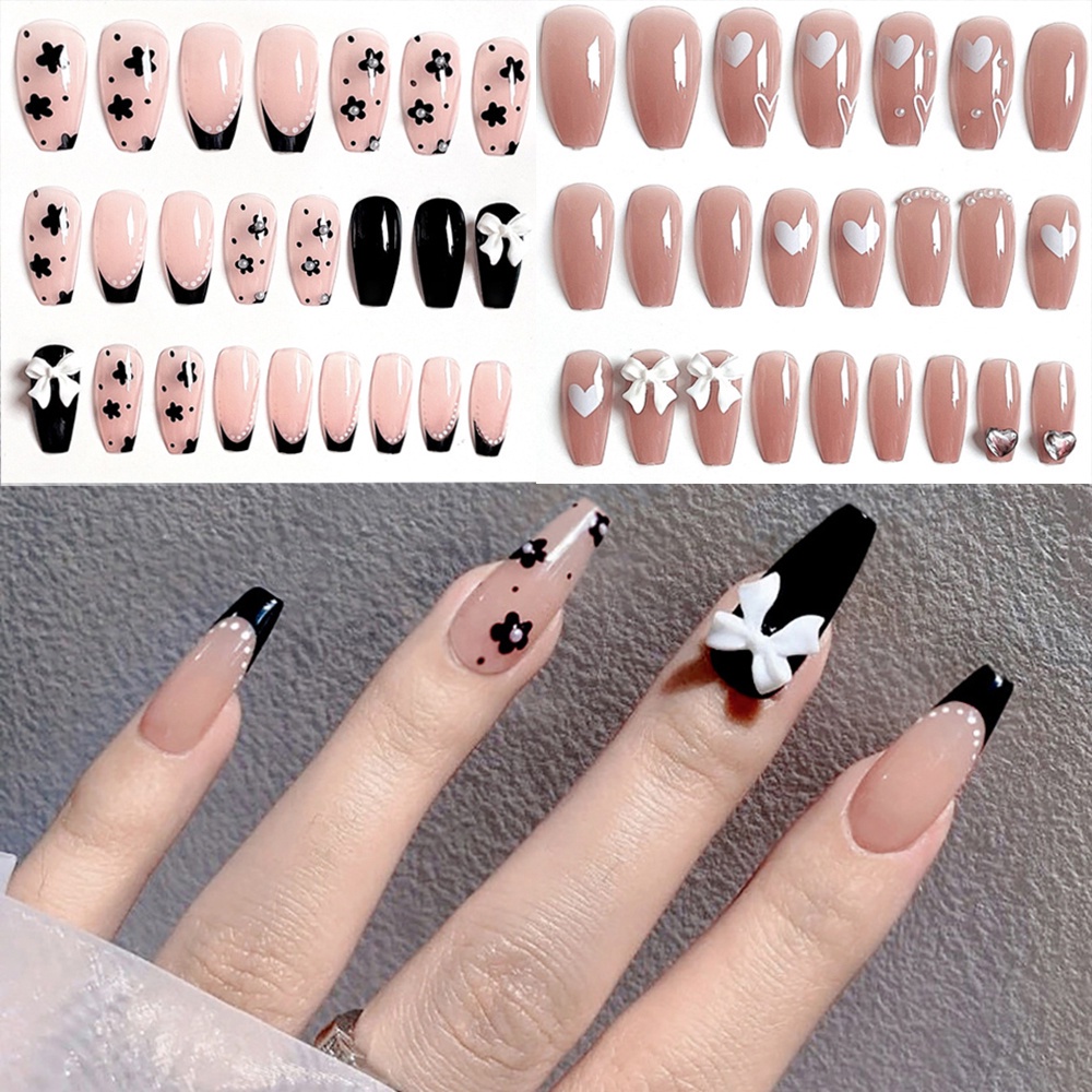 [Hàng mới về] Set 24 móng tay giả đính nơ trang trí DIY tinh tế có keo dán tiện dụng
