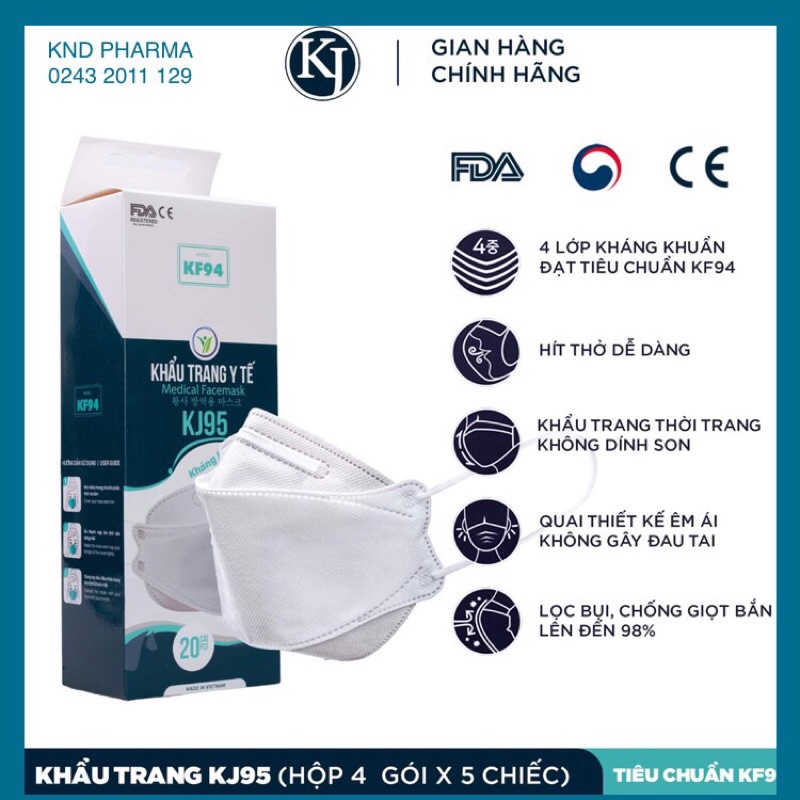 [CHÍNH HÃNG] Hộp 20 cái Khẩu trang y tế KJ95 Hàn Quốc 4 lớp Kháng Khuẩn 99% đạt chuẩn quốc tế, màu trắng cao cấp