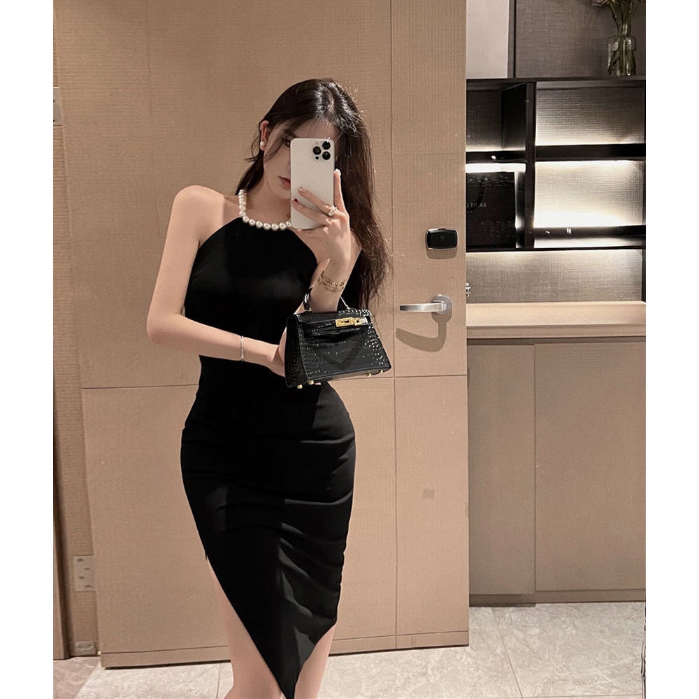 Irregular neck suspender dress in summer French pink waist shows thin hips forked medium-long skirt