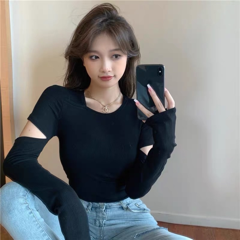 Áo Thun Trơn Dài Tay Cổ Chéo Cách Điệu