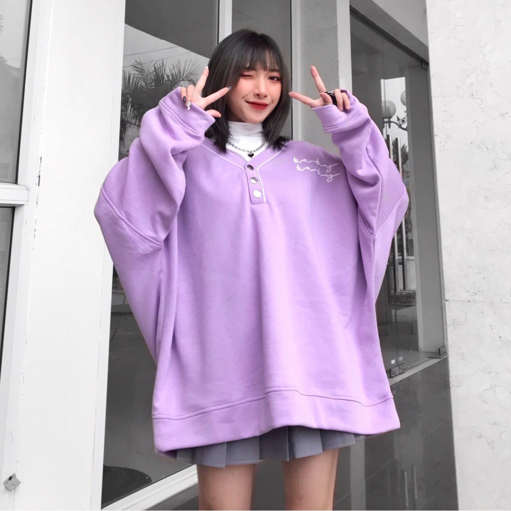 Áo Sweater Nỉ BABY Viền Cổ Phối Nút Form Rộng Ulzzang (Ảnh Thật)