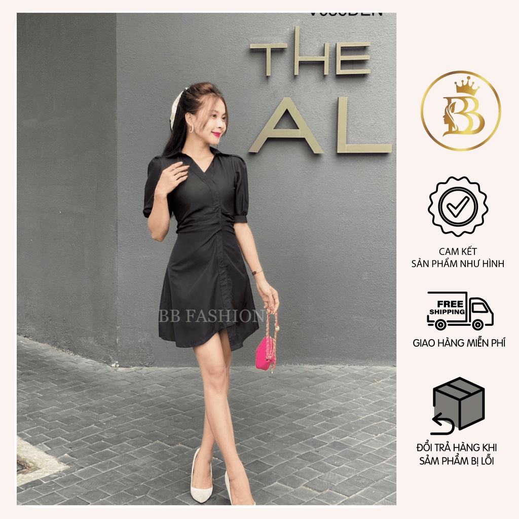 Váy nữ cổ V xếp ly chiết eo sang trọng, Đầm nữ cổ polo chất lụa 100D mềm mát không nhàu V056