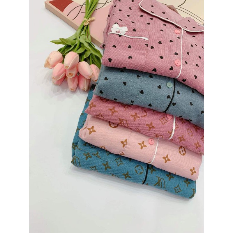 Set bộ quần áo ngủ dài tay nhung họa tiết MH