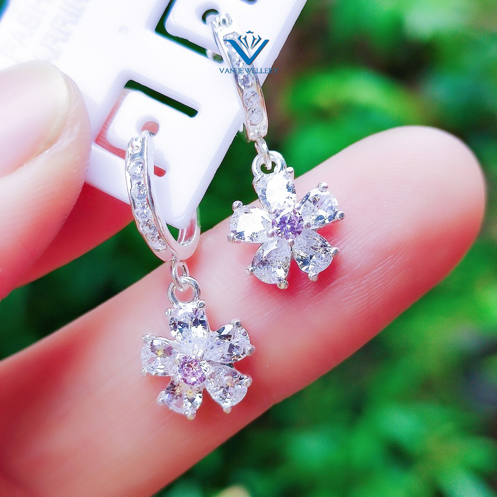 Bông tai bạc ta Bông hình hoa đính đá lấp lánh Van Jewelry V10194
