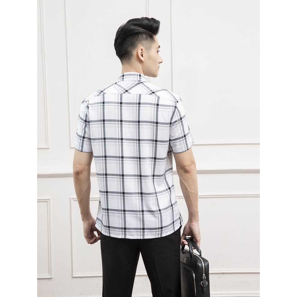 Áo sơ mi nam ngắn tay ARISTINO ASS050S1 somi cộc tay công sở sợi sồi cao cấp màu trắng kẻ xám đen dáng suông tà bằng