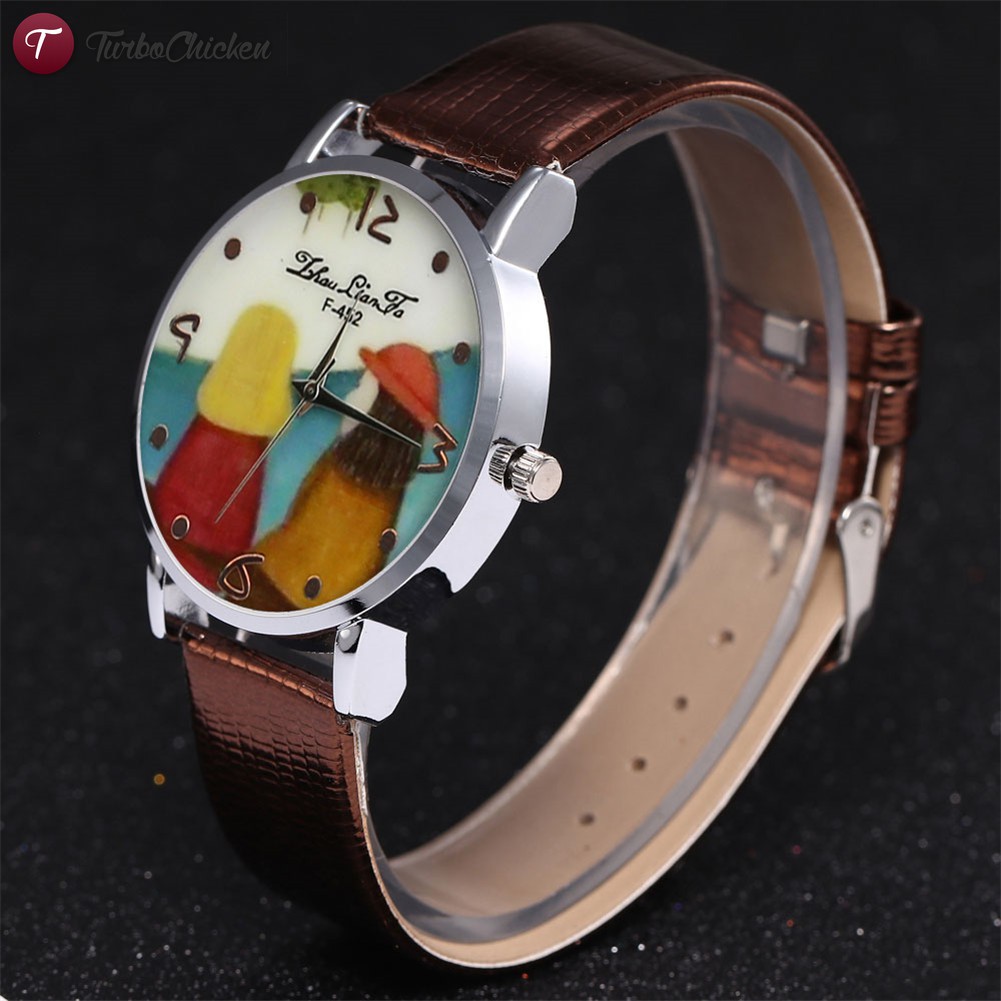 #Đồng hồ đeo tay# Fashion Couple Watches Simple Quartz Watch Leather Band Round Dial Cute Cartoon Printed Casual Watches