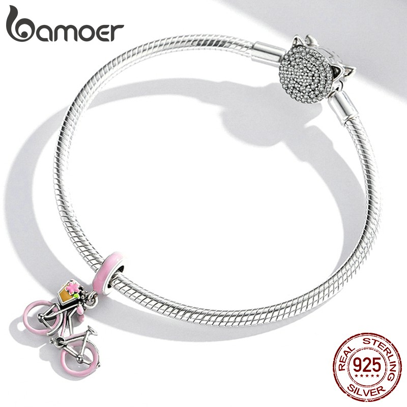 Hạt trang sức Bamoer Scc1975 chốt bạc 925 hình chiếc xe đạp màu hồng với lỗ gắn 4.5mm chuyên dụng làm đồ trang sức DIY