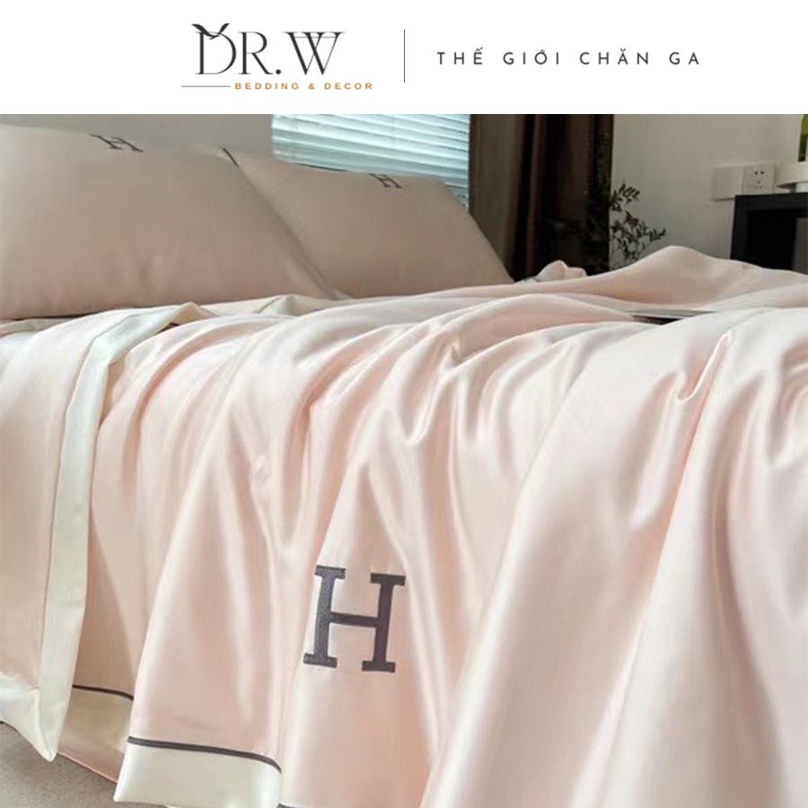Bộ chăn ga gối nệm đệm set 4 món cotton lụa chữ H chăn hè DR.W cao cấp bo chun drap giường giường - Thế Giới Chăn Ga