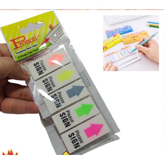 Giấy stick notes dán nhựa 5 màu dạ quang Sign Here, trình ký, phân trang - 1 tép 100 miếng