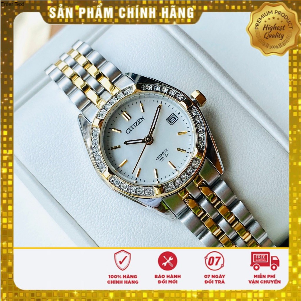 Đồng hồ Nữ Citizen EU6064-54D Demi vàng,Mặt trắng xà cừ,Lịch ngày-Máy Pin Quartz-Dây kim loại cao cấp-Size 27mm