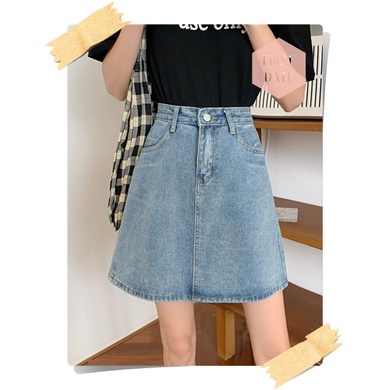 Chân váy bò jeans denim FIRST DATE cạp cao váy chữ A nữ mùa hè Chân váy jean chân váy chữ A xanh