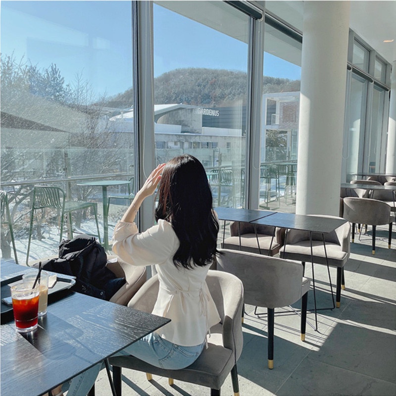 SUXI Áo Sơ Mi Tay Phồng Dài Cổ Chữ V Màu Sắc Trơn Phong Cách Vintage Hàn Quốc Cho Nữ