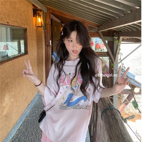 Áo Thun Tay Ngắn Cổ Tròn Dáng Rộng In Họa Tiết Hoạt Hình Thời Trang Cho Nữ