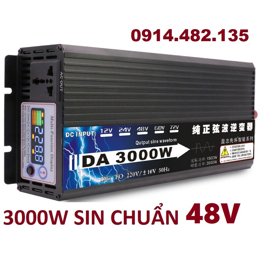 Bộ chuyển đổi điện công suất 3000W DC 48V sang AC 220V sóng sin chuẩn với màn hình LCD MÀU