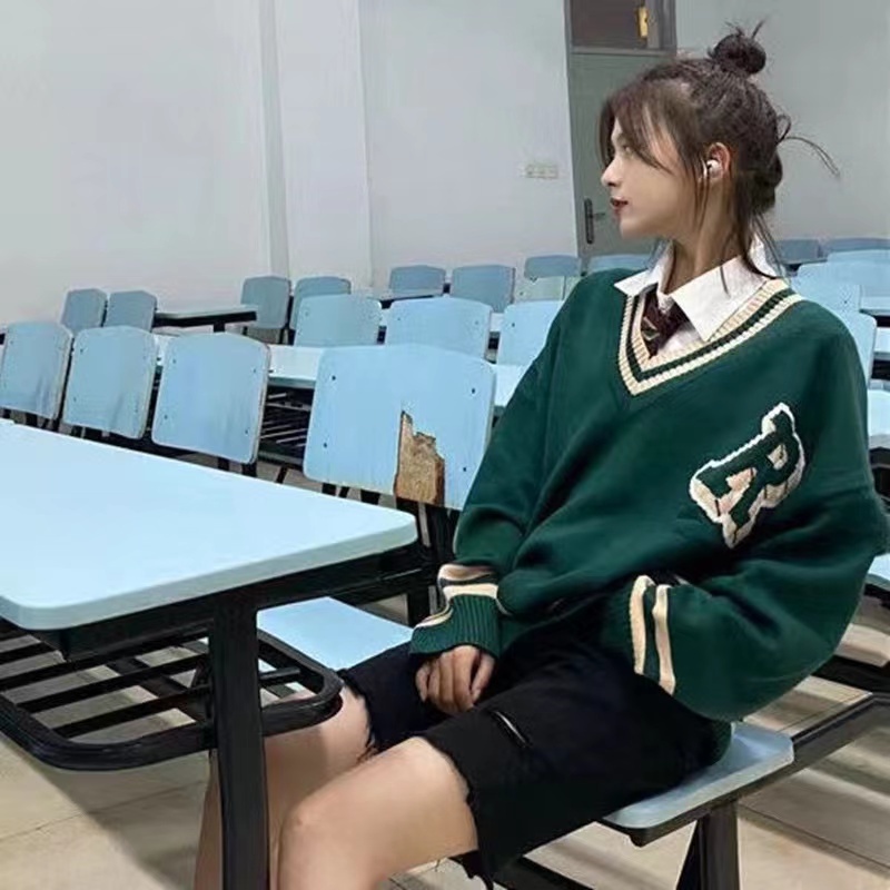 Áo sweater dệt kim Xiaozhainv dáng rộng cổ V phong cách Hàn Quốc cho nữ