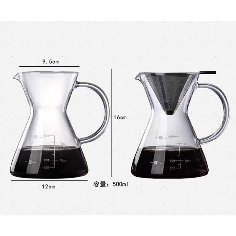 Bình pha cà phê Chemex 500ml tay cầm thủy tinh có phễu inox