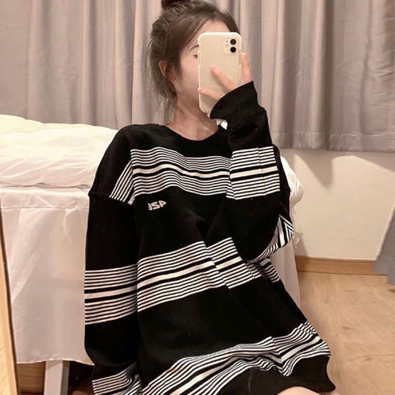 Áo Sweater Cổ Tròn Tay Dài Dáng Rộng Kẻ Sọc Kiểu Retro Đường Phố Cho Nữ