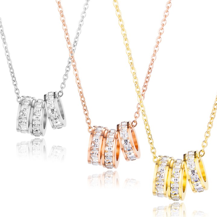 Dây chuyền titan nữ 3 khoanh tròn đính đá vuồng siêu đẹp, bền màu, chuẩn thời trang