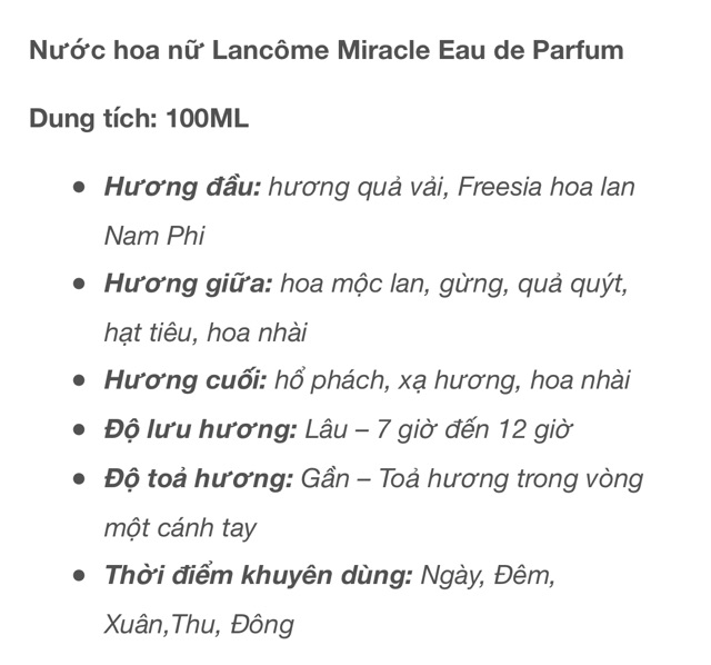 Chiết 10ml Nước Hoa Auth Lancôme Miracle ( Có Sẵn )