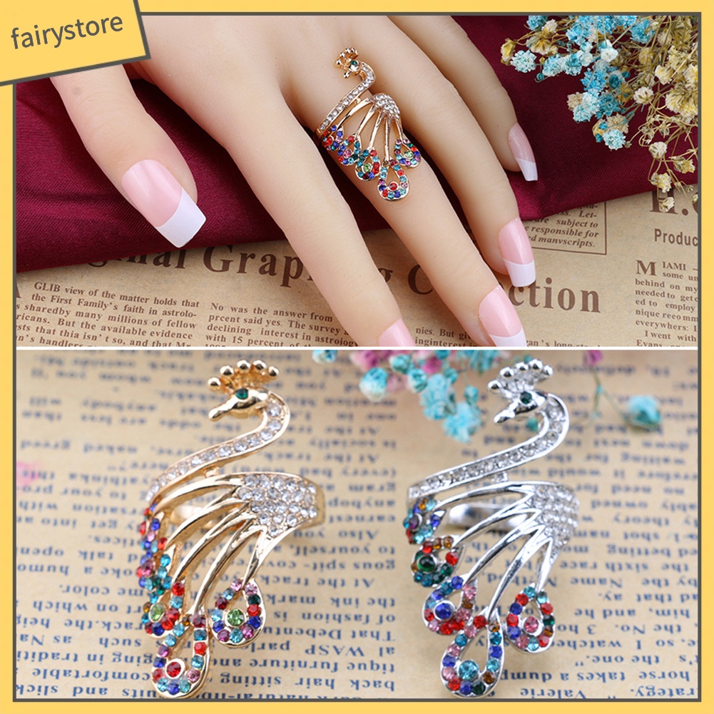 Nhẫn mạ vàng hình chim công đính đá phong cách retro thời trang