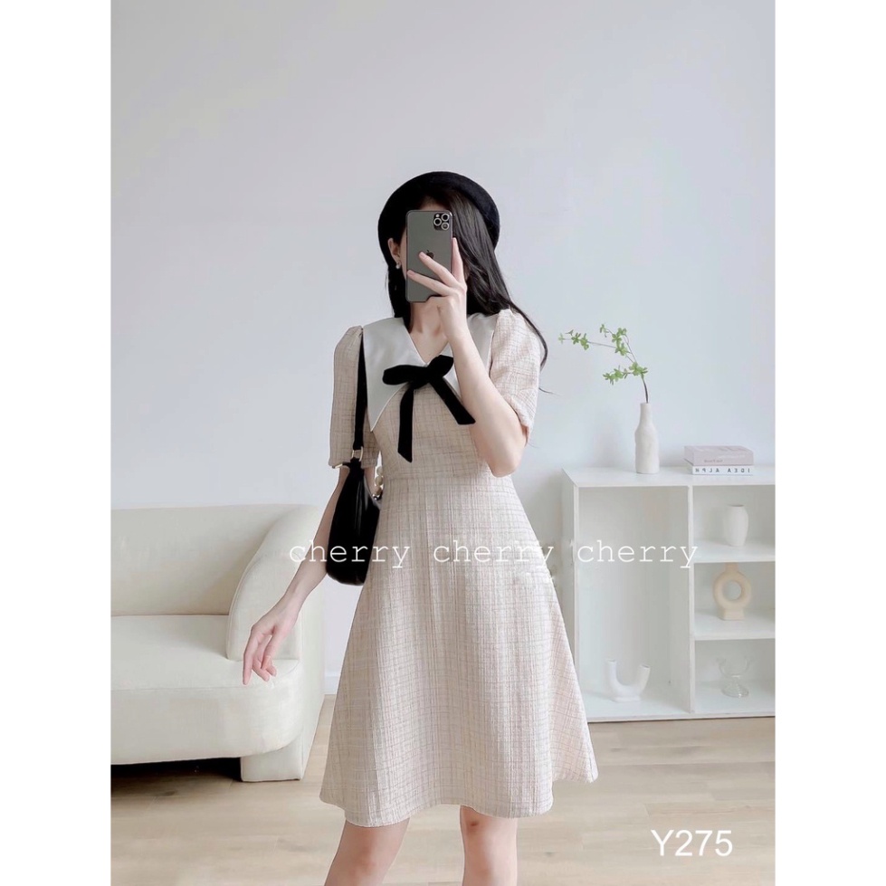 Váy dạ cổ V nơ đen dáng xòe Y275