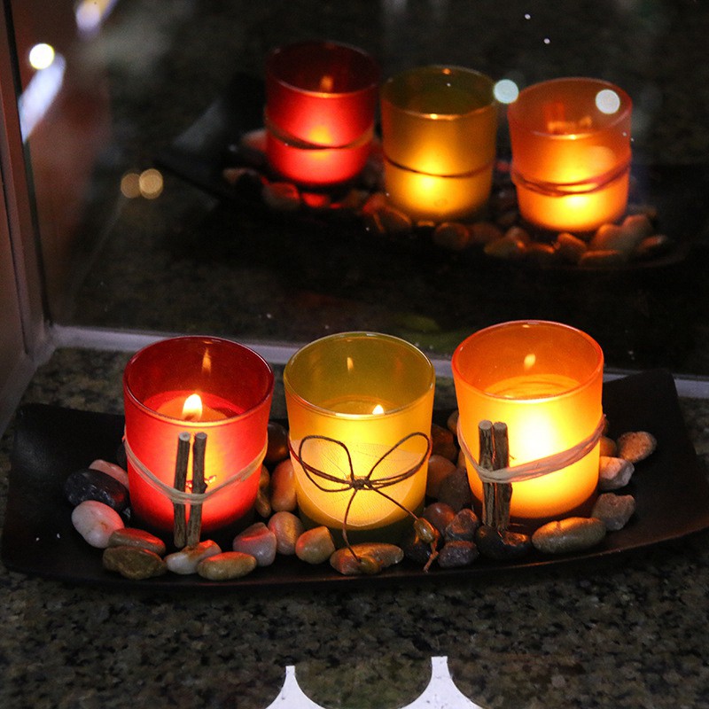 3 Candlestick Cup Decorative Candle Holders with Rocks and Tray