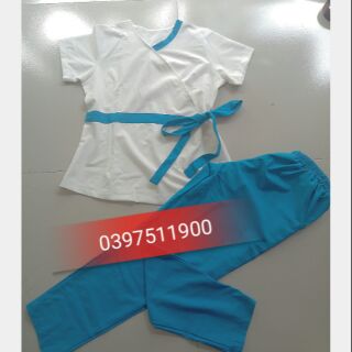 Đồng phục spa trắng xanh biển
