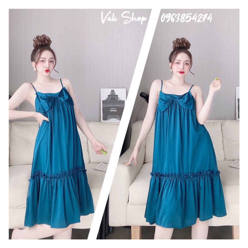Váy ngủ lụa latin 2 dây màu trơn freesize 42-60kg