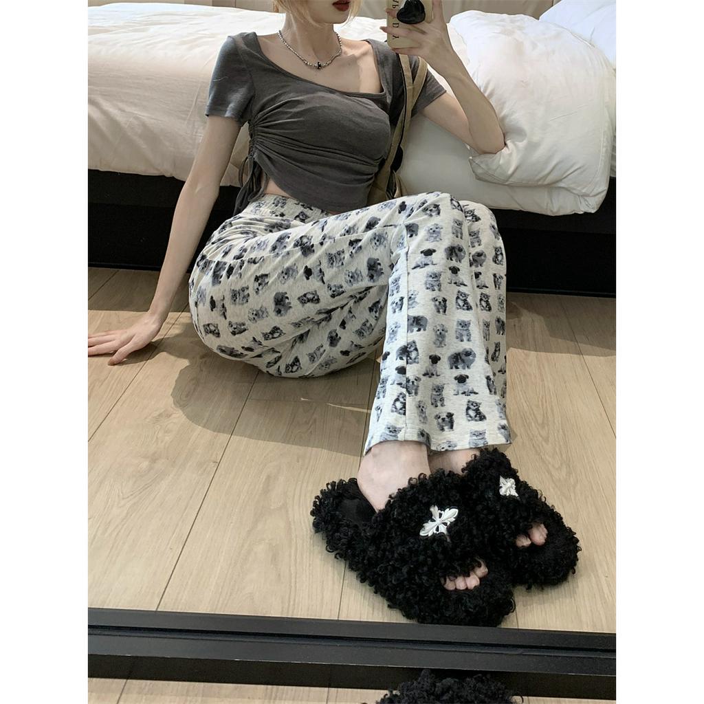 「 WELOVE1 」Quần Dài Nữ Lưng Cao In Hình Chú Chó Thời Trang