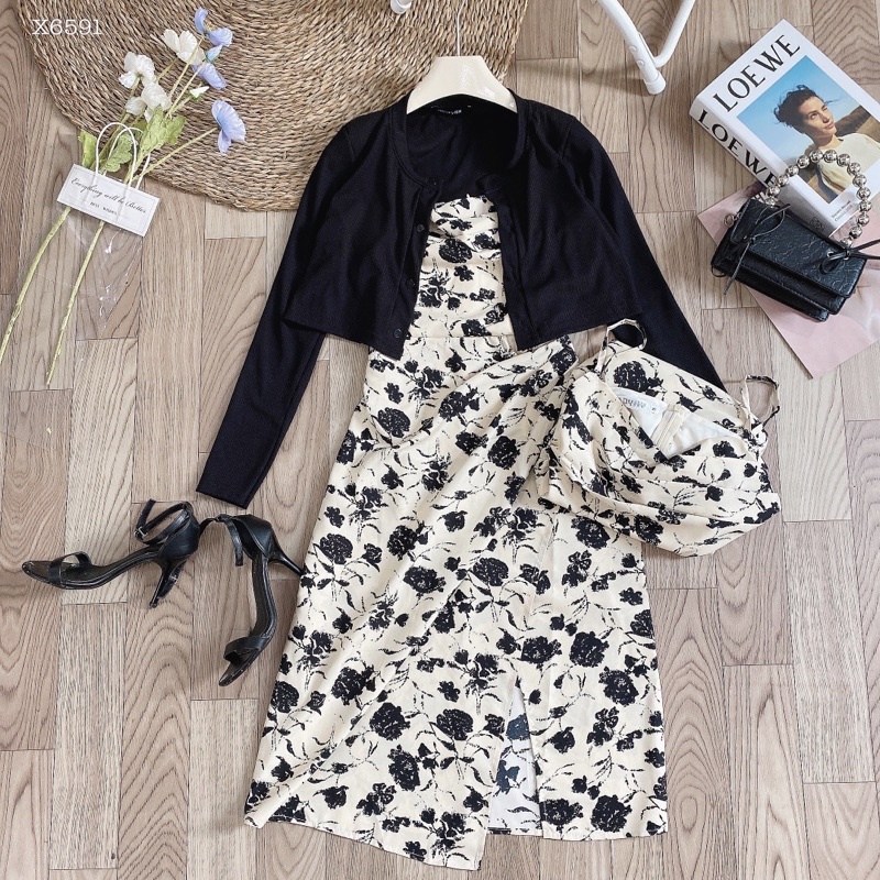 Set váy hoa kèm áo khoác croptop