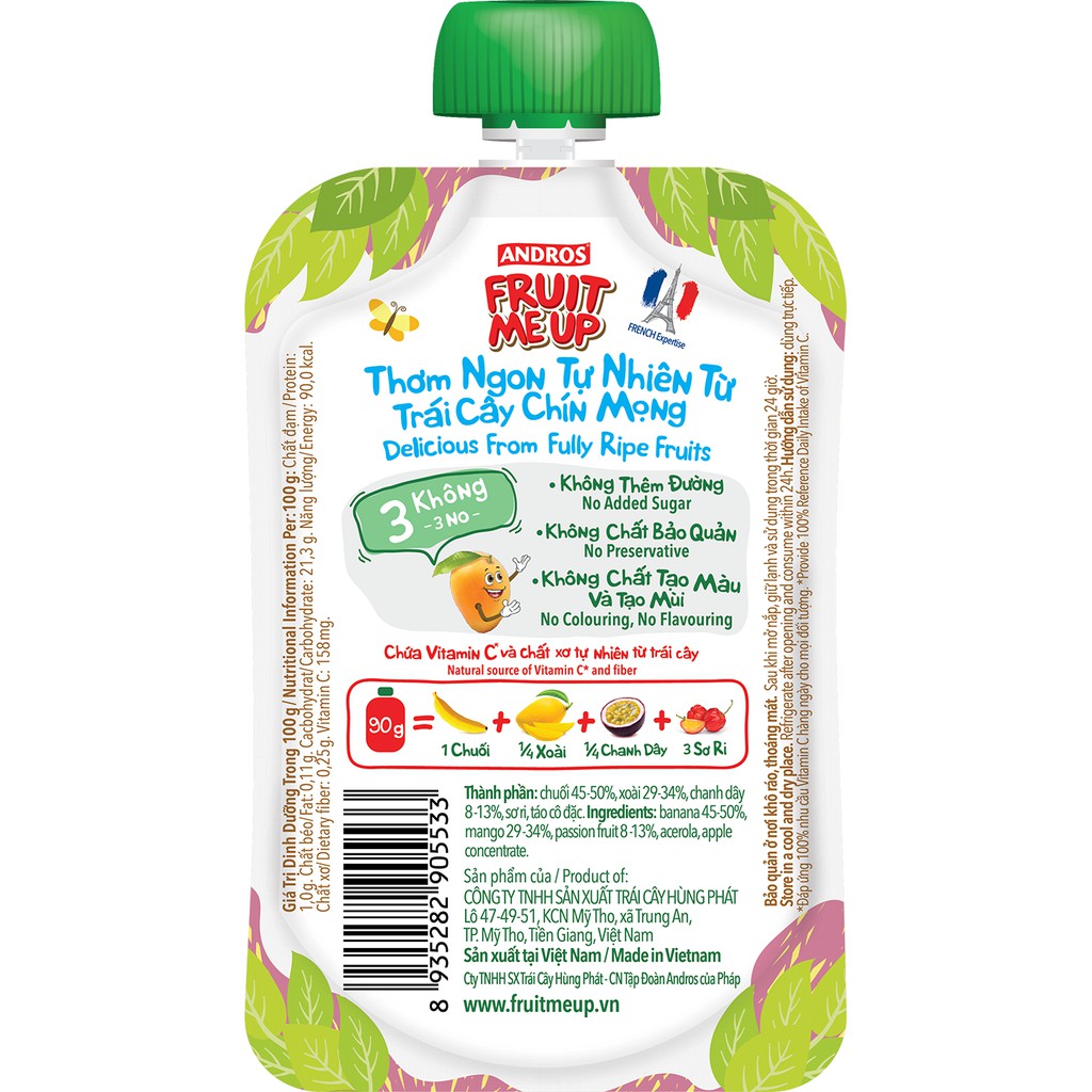 Thùng 40 Túi Trái Cây Xay Nhuyễn Vị Xoài chuối chanh dây - 100% trái cây thật - ANDROS FRUIT ME UP - 90gx40