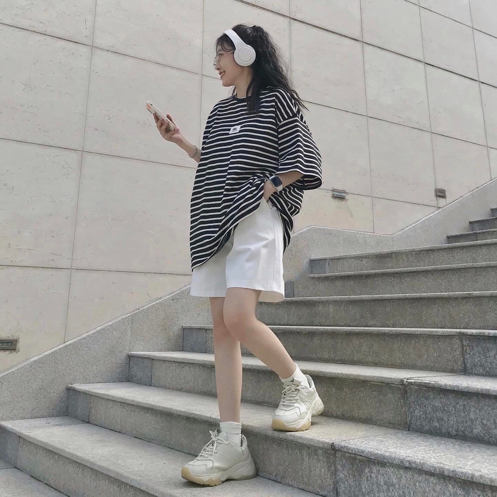 Áo Thun Nữ From Rộng BASEUS Kẻ Sọc Dễ Thương Áo Phông Nữ Tay Ngắn Chất Vải Thô Hàn Thấm Hút Mồ Hôi Mặc Siêu Tôn Da 10112