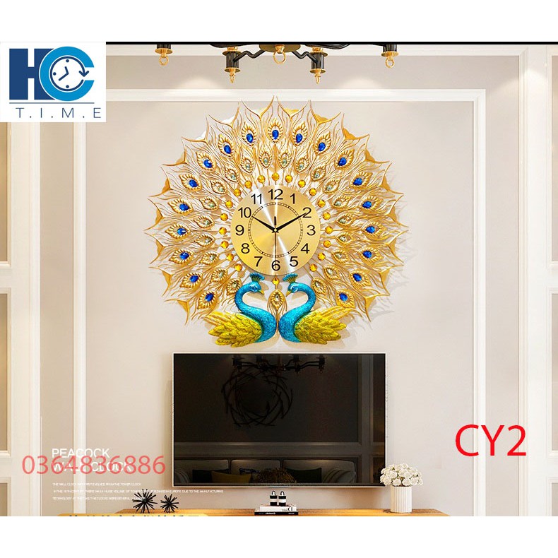 Đồng hồ treo tường trang trí chim công decor CY2 kích thước 70x70 cm