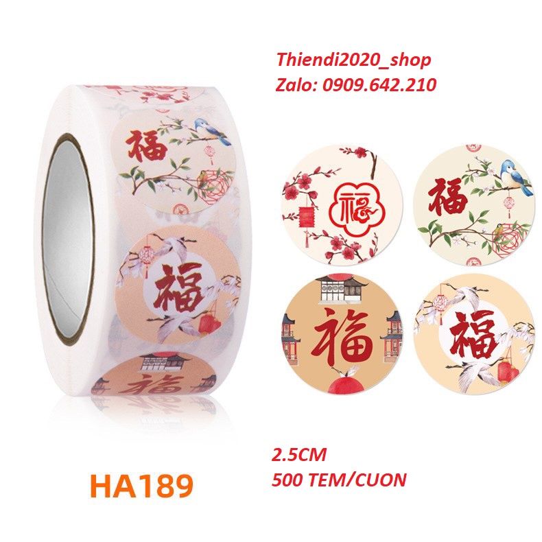 TEM TẾT_ Tem cuộn chữ " Happy new year" và tiếng hoa đ.kính 2.5cm_3.8cm_Sticker Tết