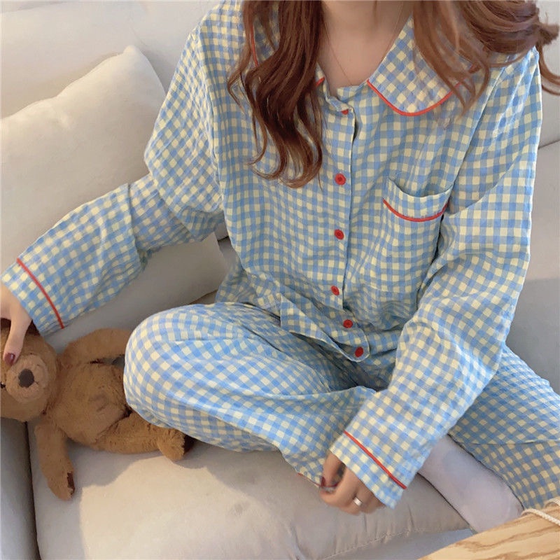 Set đồ ngủ pijama kẻ caro xanh cổ sen bộ ngủ Hàn Quốc ullzang dễ thương
