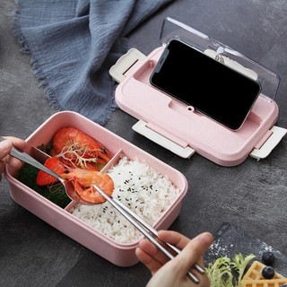 [ Ở Đây Giá Rẻ ] Hộp Cơm Lúa Mạch 3 Ngăn Kèm Đũa Thìa Inox - Giao Màu Ngẫu Nhiên