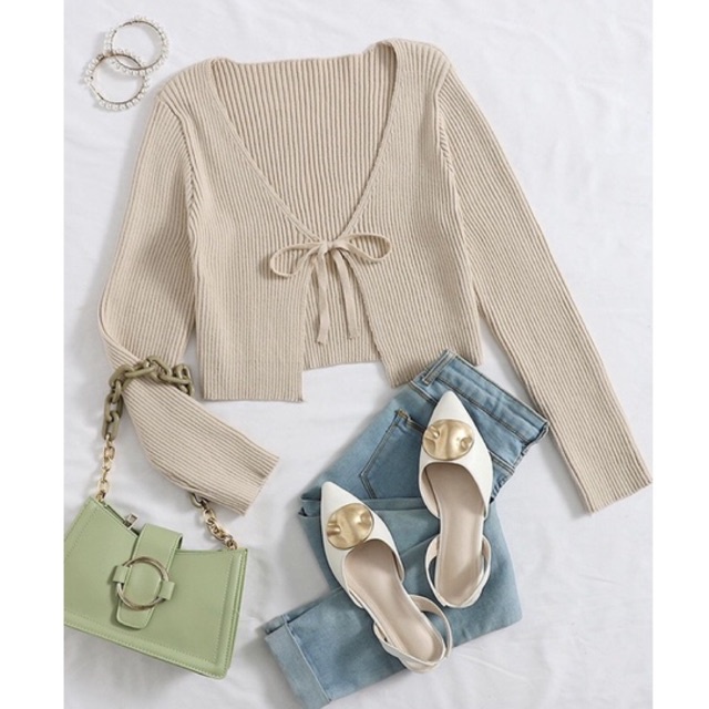 Áo cardigan croptop dài tay buộc nơ chất liệu dày dặn phong cách Retro